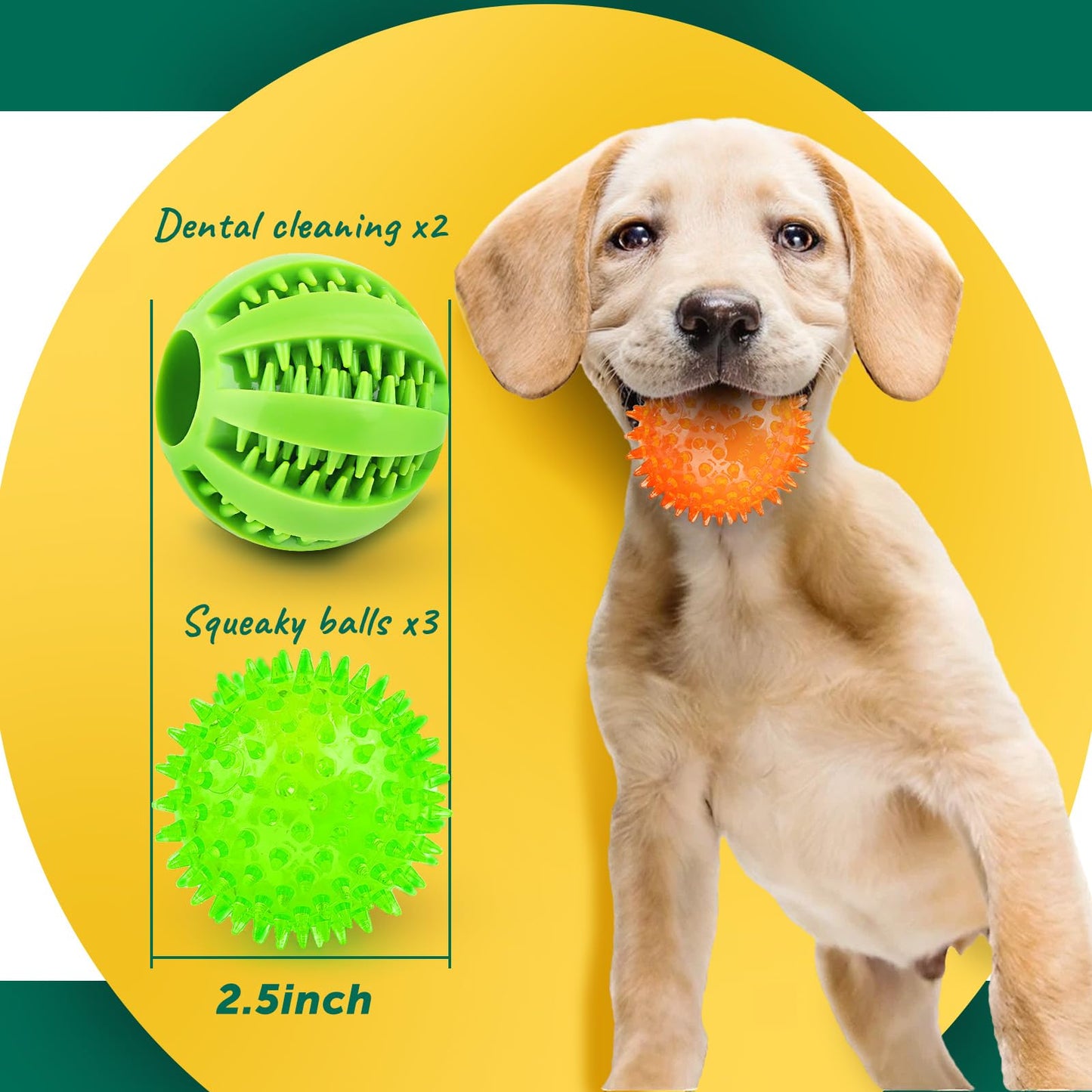 PUPTILY Interactive Dog Toys - 2.5' Squeaky Teething Chew Balls for Small Dogs, Clean Teeth & Training (5Pcs)