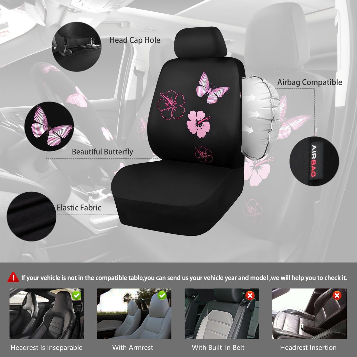 CAR PASS Universal Cloth Butterfly Car Seat Covers Full Set, Embroidered Flower Waterproof Car Floor Mats Carpet, Butterflies Steering Wheel Cover for Car Accessories Interior Sets (Black and Pink)