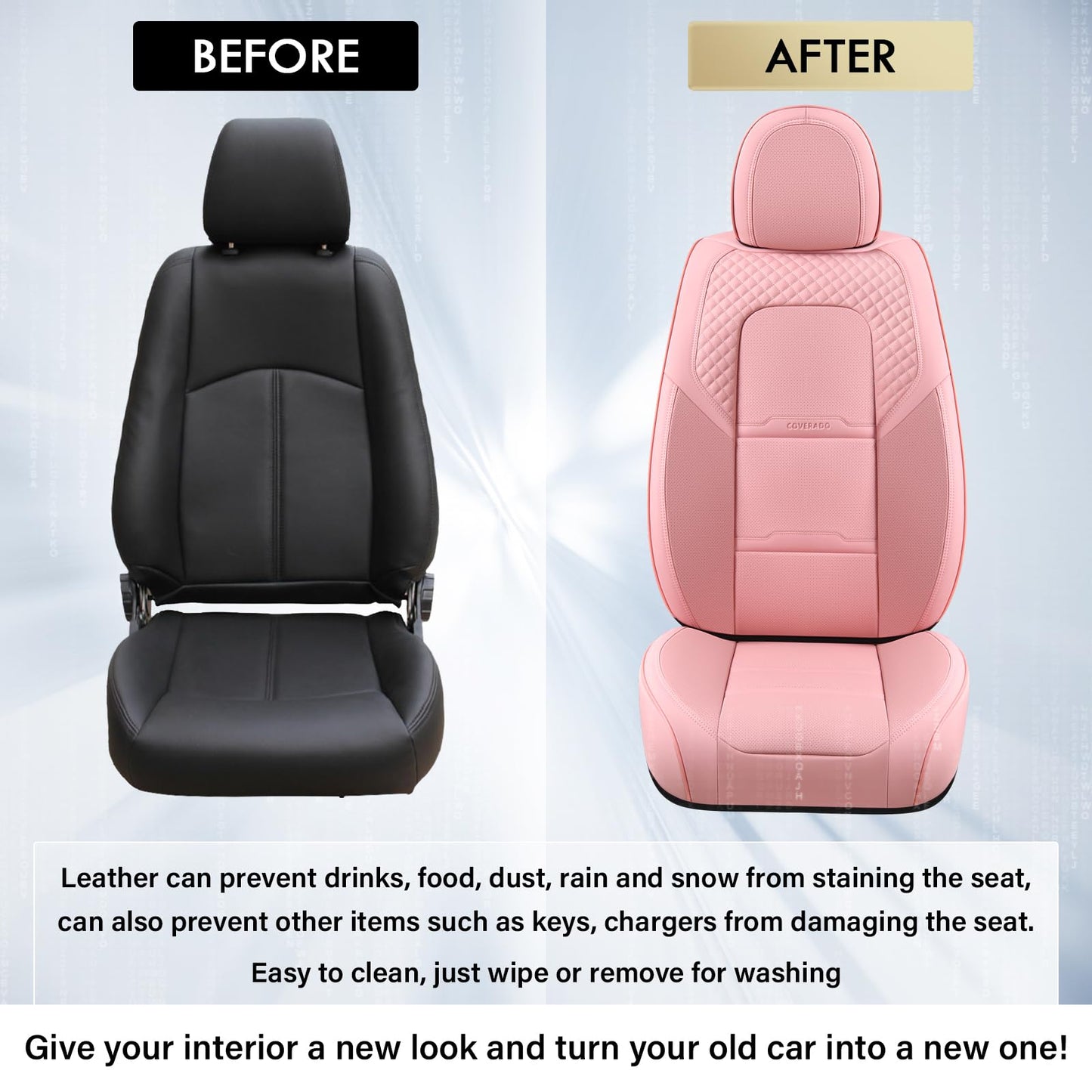 Coverado Car Seat Covers Front Seats, 2 Piece Car Seat Protector with Removable Headrest, Nappa Leather Breathable Seat Cushion Universal Fit for Truck Automotive Most of Cars Pink