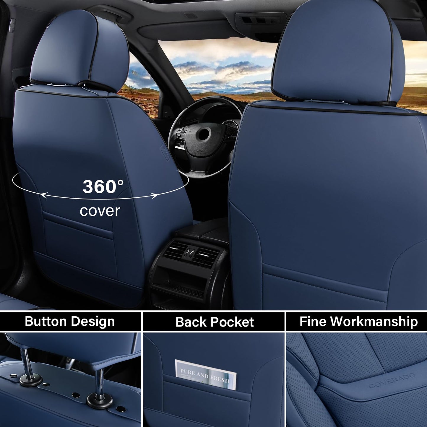 Coverado Car Seat Covers Full Set, Seat Covers for Cars, Car Seat Covers Front Seats and Back Car Seat Protector Waterproof, Leather Car Seat Cushion Universal Fit for Most Cars Blue