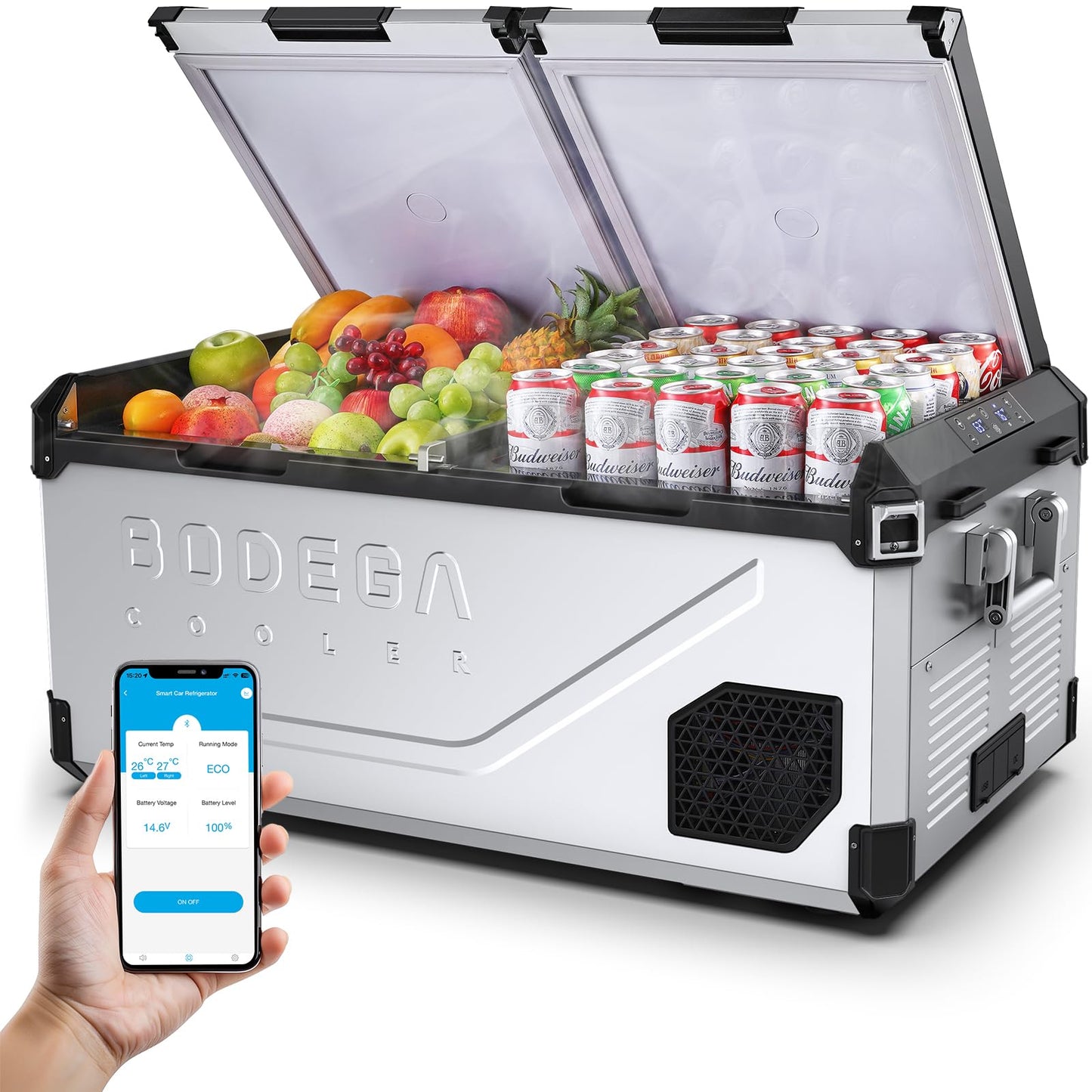 BODEGACOOLER 12 Volt Car Refrigerator, 79 Quart(75L) Portable Freezer Car Fridge Dual Zone With APP Control, -4℉-68℉ Electric Cooler, 12/24V DC and 100-240V AC, for Vehicles,Camping, RV, Outdoor