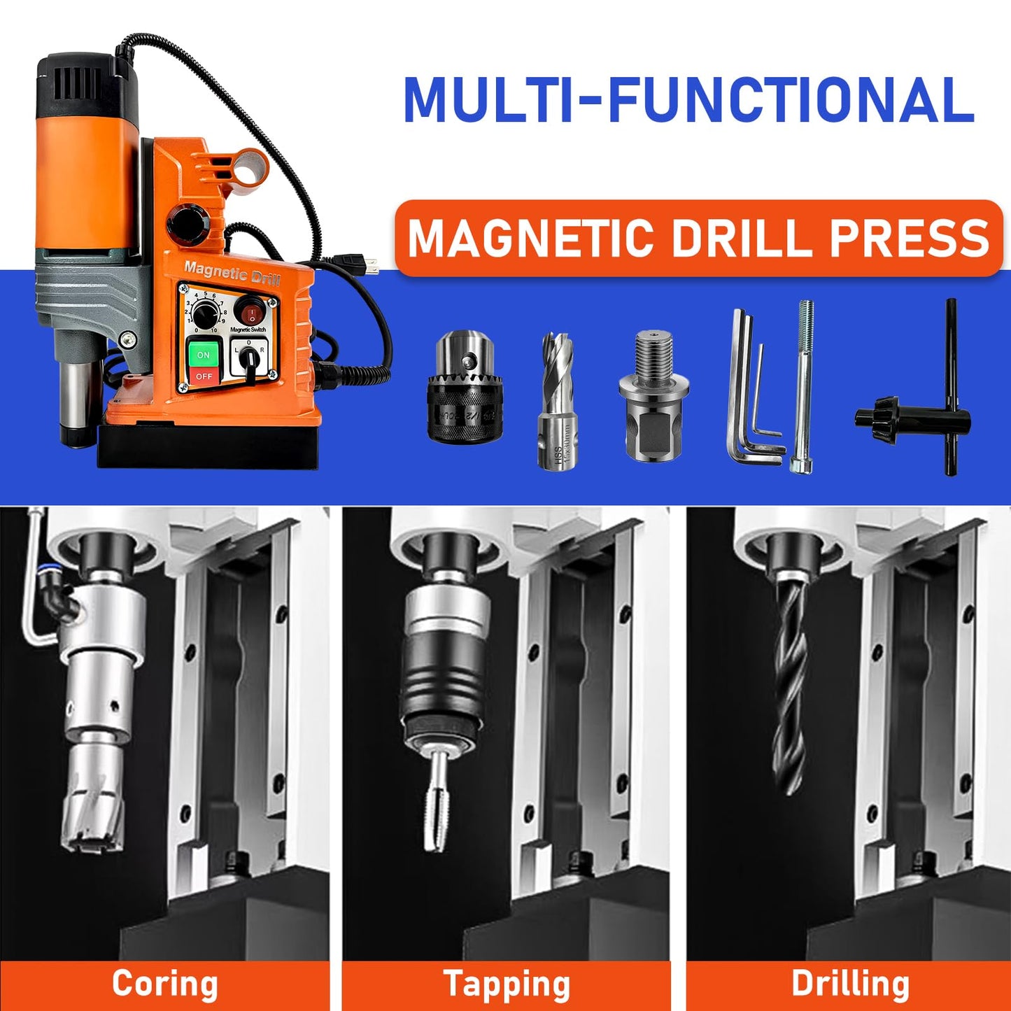 Magnetic Drill, 1400W 2" Boring Diameter, 810 RPM Power Magnetic Drill Presses, 2922lbf/13000N Drill Press with Variable Speed, for Metal Surface, Industrial/Home Improvement