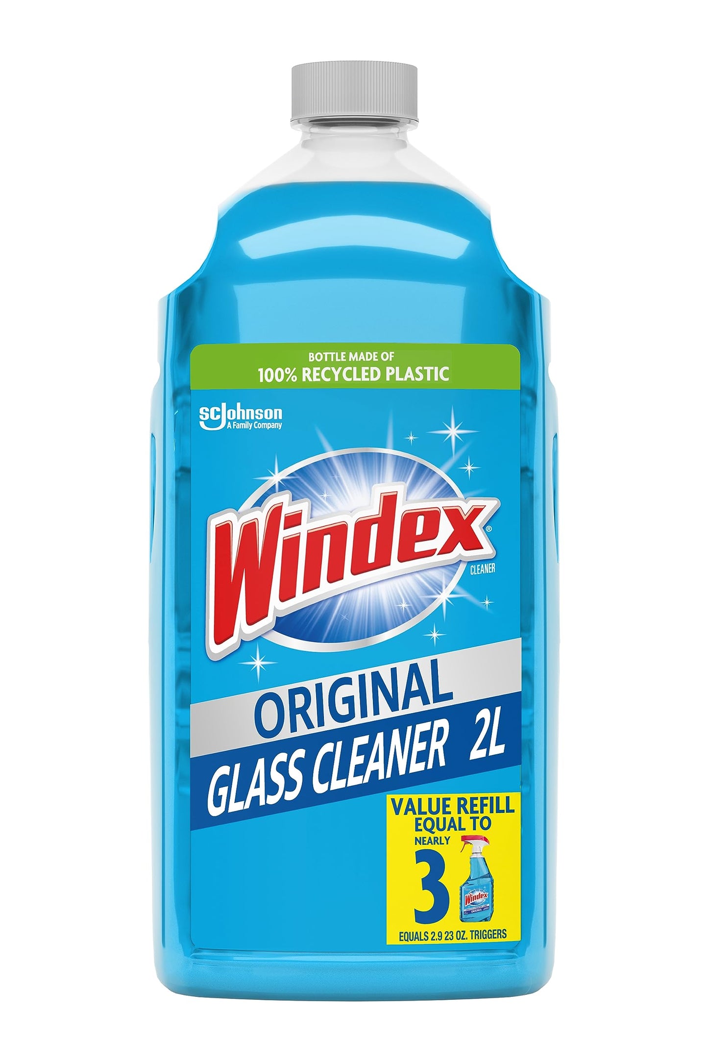 Windex Refill Glass and Window Cleaner Bottle, Bottle Made from 100% Recycled Plastic, Surface Cleaning Spray, Original Blue Scent, 2L (67.6 Fl Oz)
