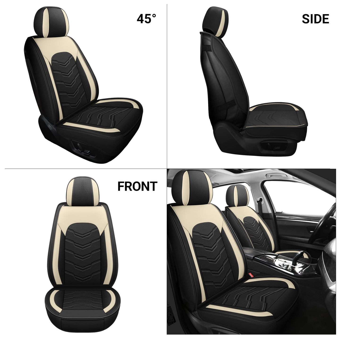 AOOG Leather Car Seat Covers 5 PCS Full Set, Breathable Faux Leatherette Automotive Seat Covers, Non-Slip Interior Covers Waterproof for Most Sedans SUV Trucks,Airbag Compatible,Beige&Black