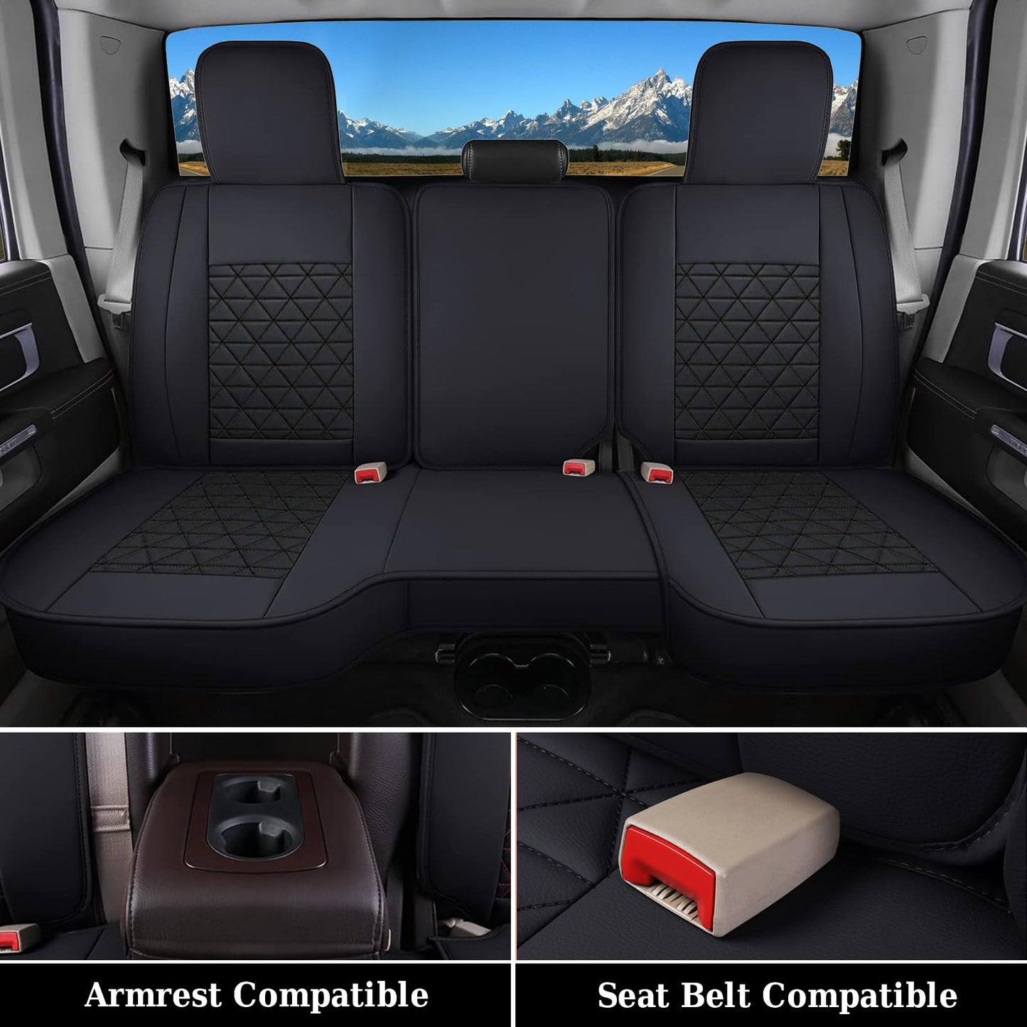 Coverado Ram Seat Covers Full Set, Waterproof Ram 1500 Seat Cover Compatible with 2002-2025 Dodge RAM 1500 2500 3500 Crew Quad Cab with Curved Bench, Black