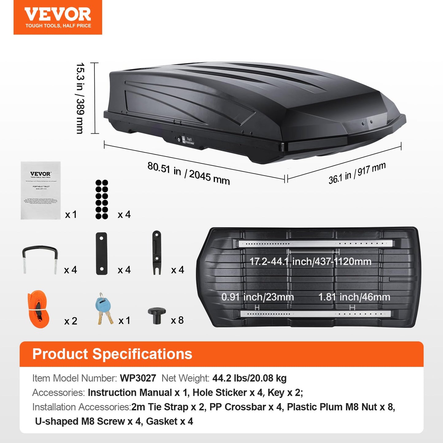 VEVOR Rooftop Cargo Carrier, 18 Cubic Feet Roof Cargo Box, ABS Hard Shell Roof Box, with Dual-Sided Opening and 2 Reinforced Straps, Aerodynamic, Suitable for most Crossbar, for Car, Wagon, SUV, Black