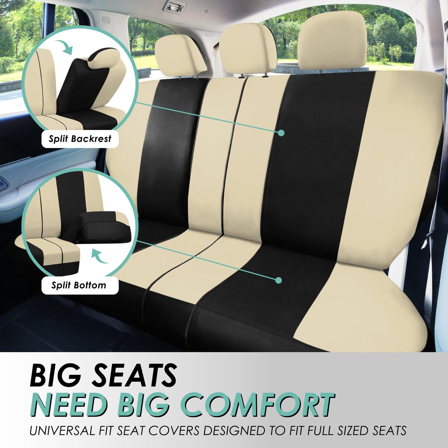 FH Group Car Seat Covers Full Set Cloth - Universal Fit, Automotive Seat Covers, Low Back Front Seat Covers, Airbag Compatible, Split Bench Rear Seat, Car Seat Cover for SUV, Sedan, Van Beige
