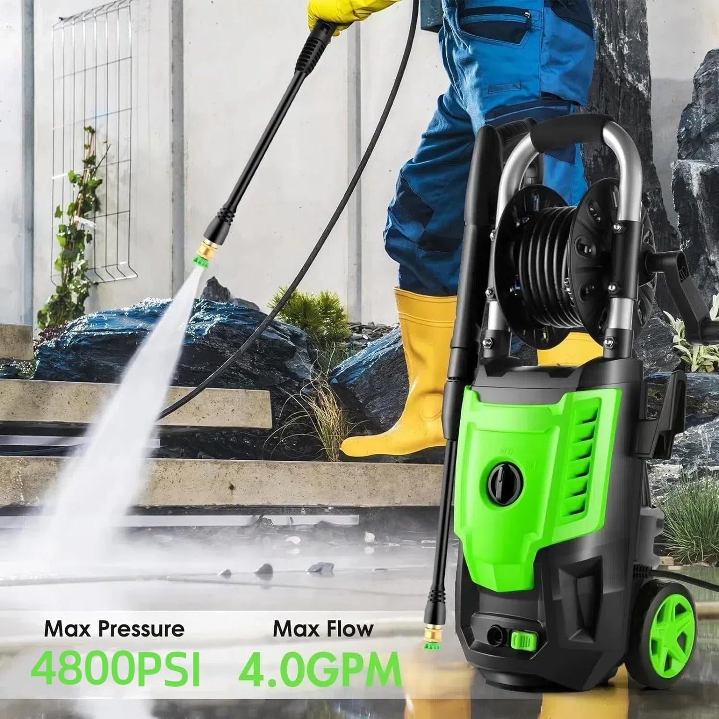 4800 PSI Pressure Cleaner- 4.0 GPM High Power Cleaner with 33FT Hose Reel, 4 Spray Tips and Soap Bottle for Car Washing, Fence Cleaning, Patio Maintenance（Upgraded） (Green)
