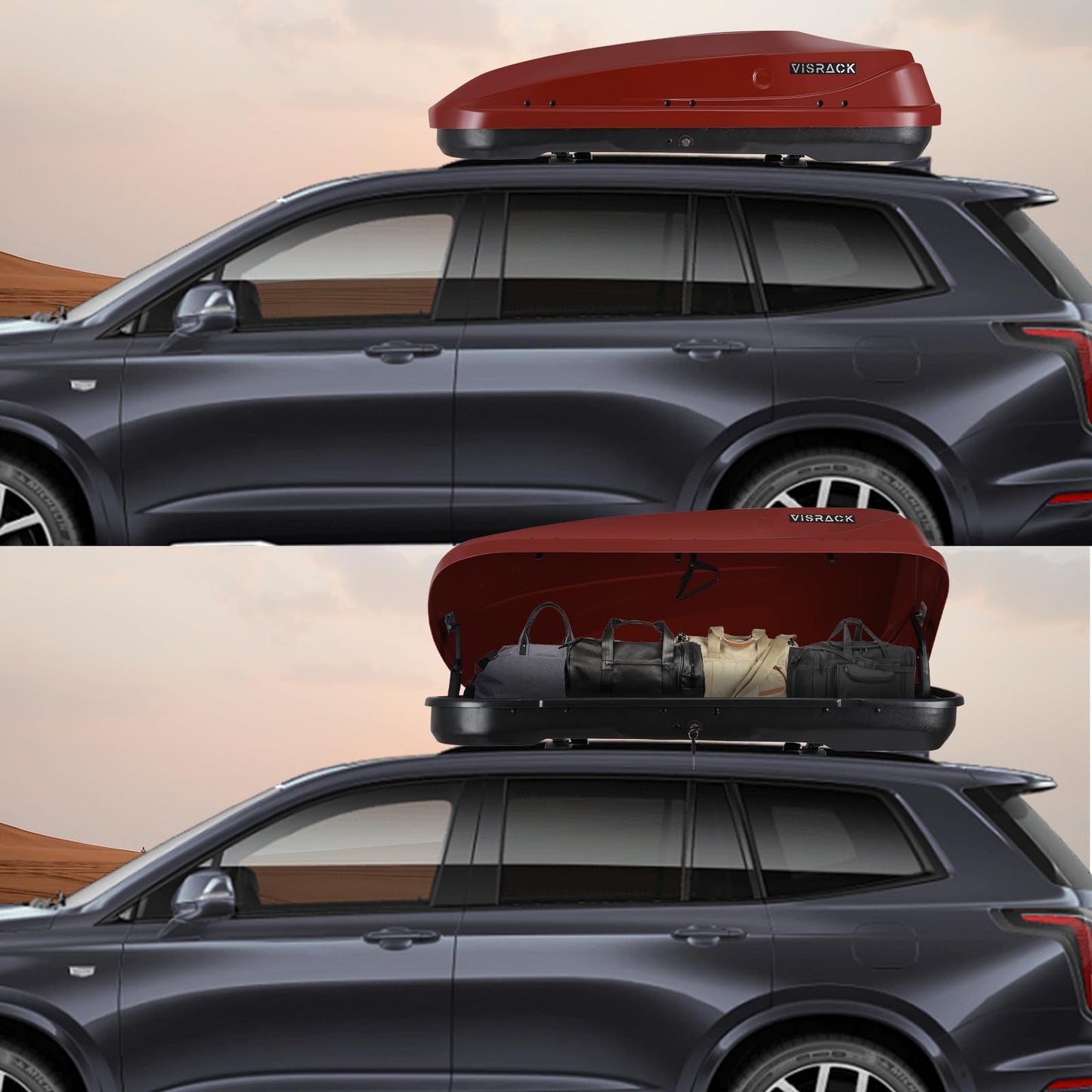 Heavy-Duty Rooftop Cargo Box, Weather-Resistant Hard-Shell Roof Storage Box with Security Locks, 130 LBS Capacity, 14 Cubic Ft, 56" L x 30" W x 13.7" H, Red