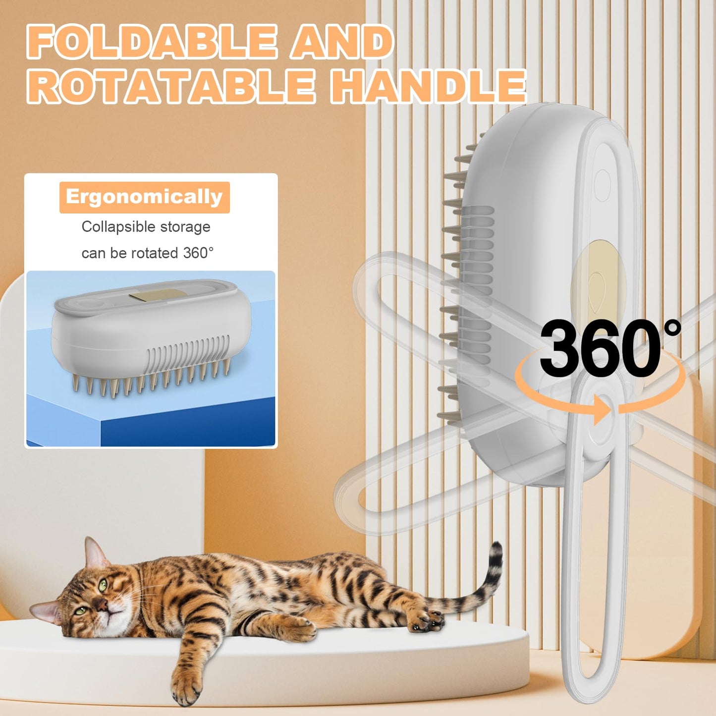 4 in 1 Cat Steam Brush for Shedding，Rechargeable Steam Pet Brush With Rotating Handle for Massaging, Self-Cleaning, and Pet Hair Removal for Long and Short Hair of Cat and Dog （Beige）