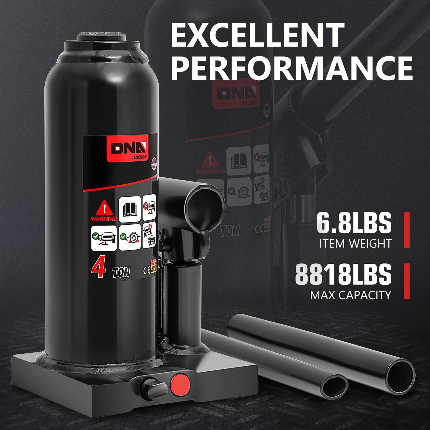 DNA MOTORING 4 tons / 8818.5 lbs Lifting Automotive Welded Hydraulic Bottle Jack for Repair Vehicle, Pickup, Truck, w/Manual Handle, Black, TOOLS-00354