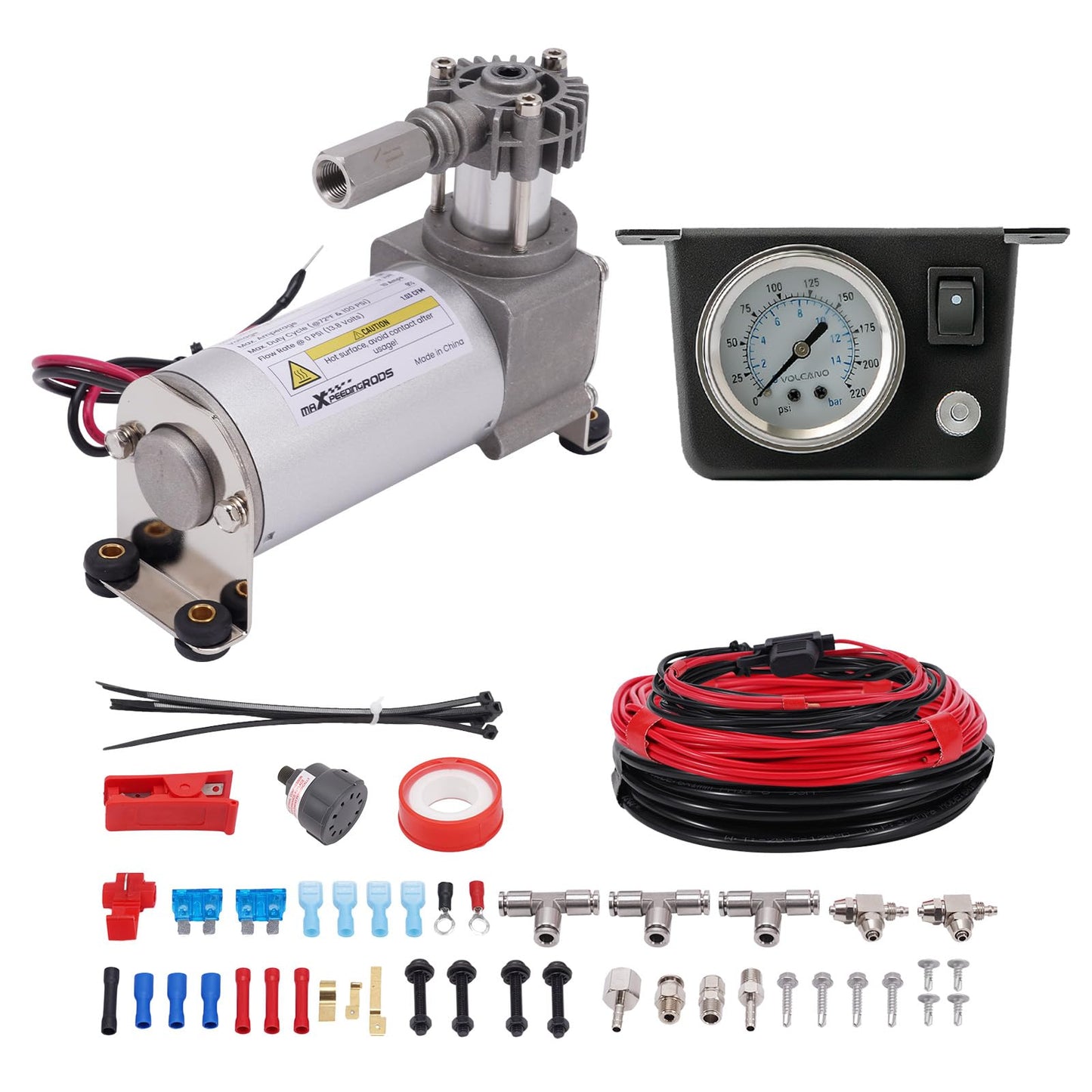 maXpeedingrods On Board Air Compressor System Up to 120 PSI Air Spring Compressor Kit with Analog Gauge Air Line T Fittings Single Path System for Trucks Vans