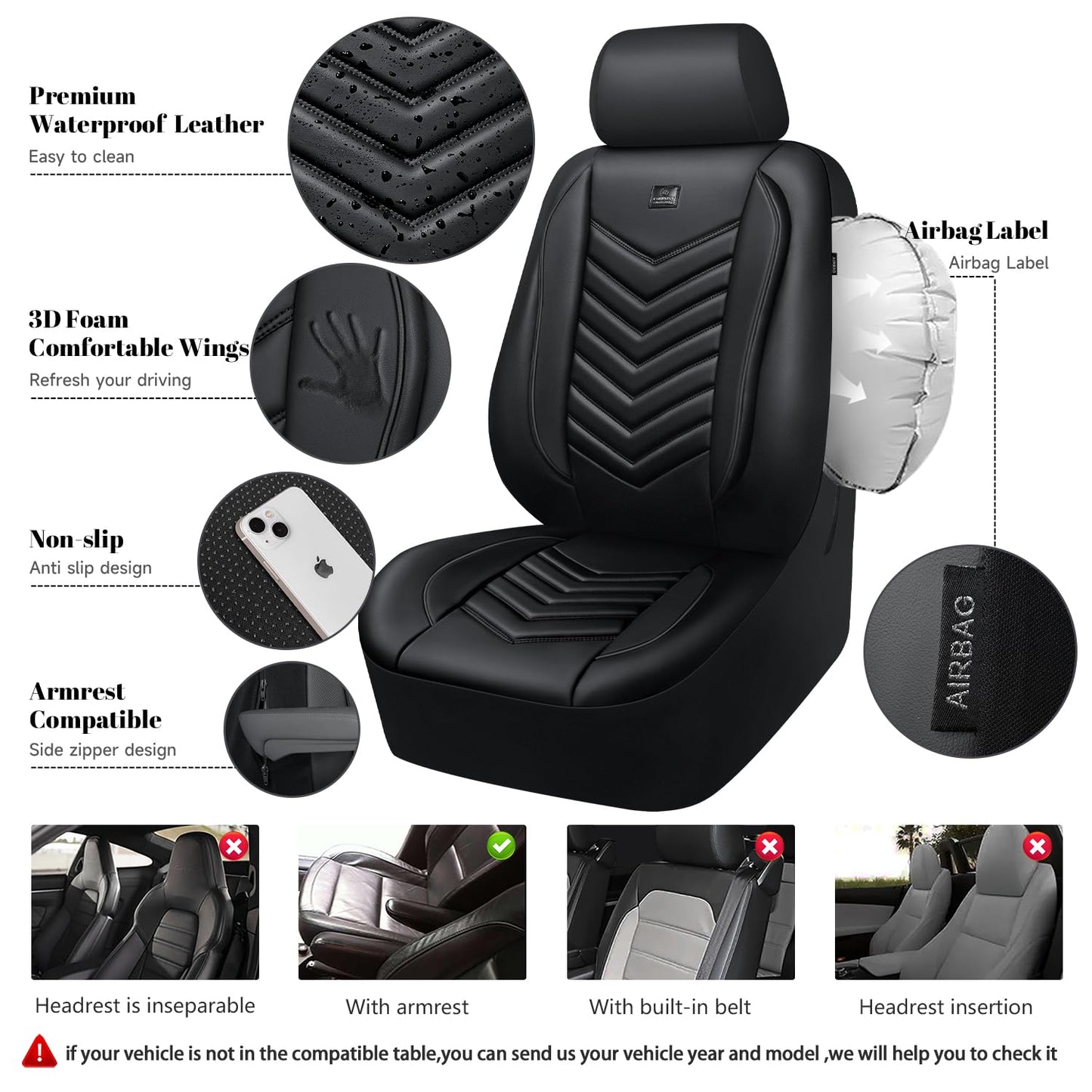 CAR PASS 3D Foam Faux Leather Car Seat Covers Front Seats,Waterproof Leather Front Seat Cover for Cars,Luxury Universal Fit Anti-Slip for SUV Truck Sedan Automotive,Armrest Airbag Compatible,Black
