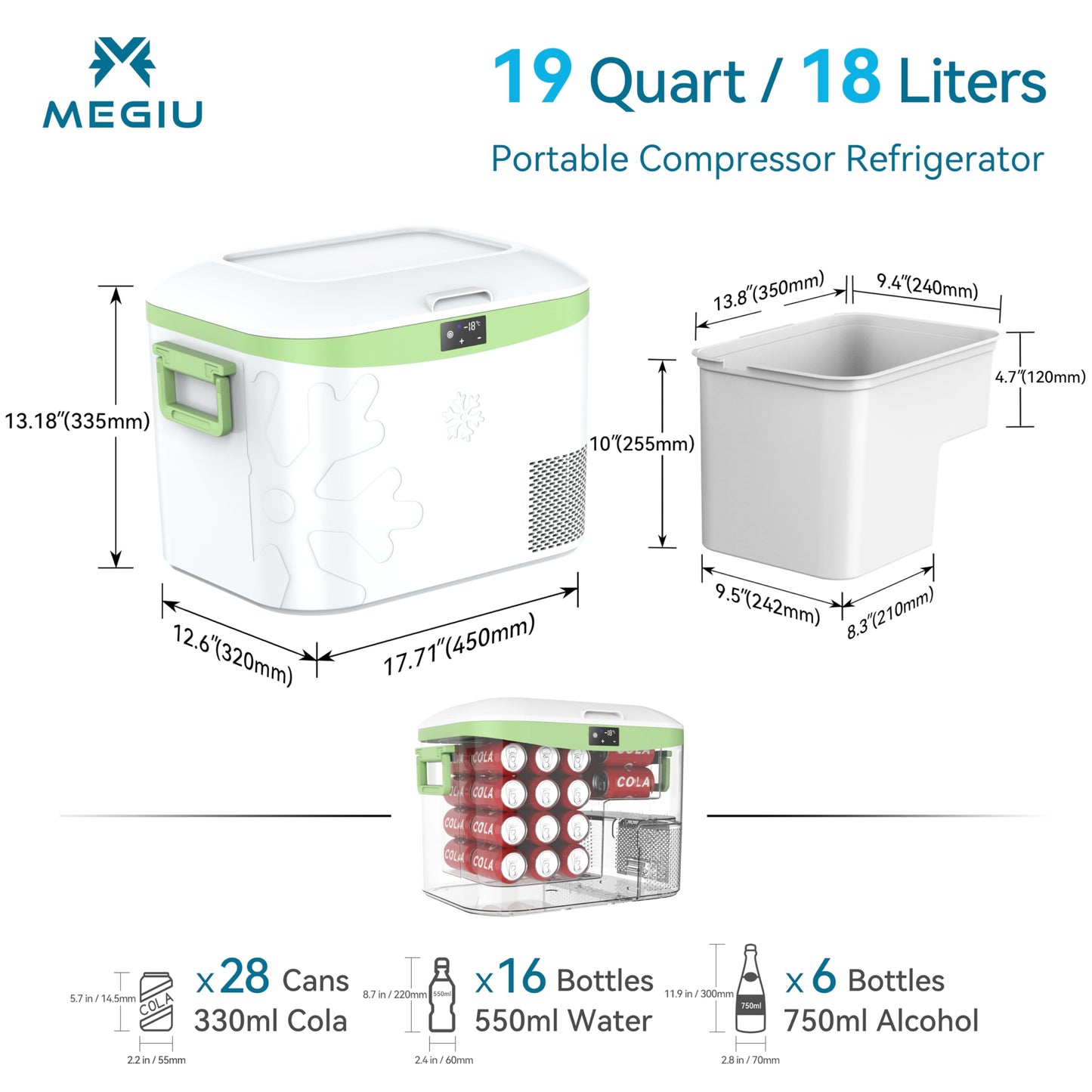 Megiu Car Refrigerator, Portable 12V Fridge 19 Qt (18 L) 12 Volt Freezer Compressor Cooler 12V/24V DC 110～240 V AC for Truck Van RV Camper SUV and Home Use -18℃~+15℃