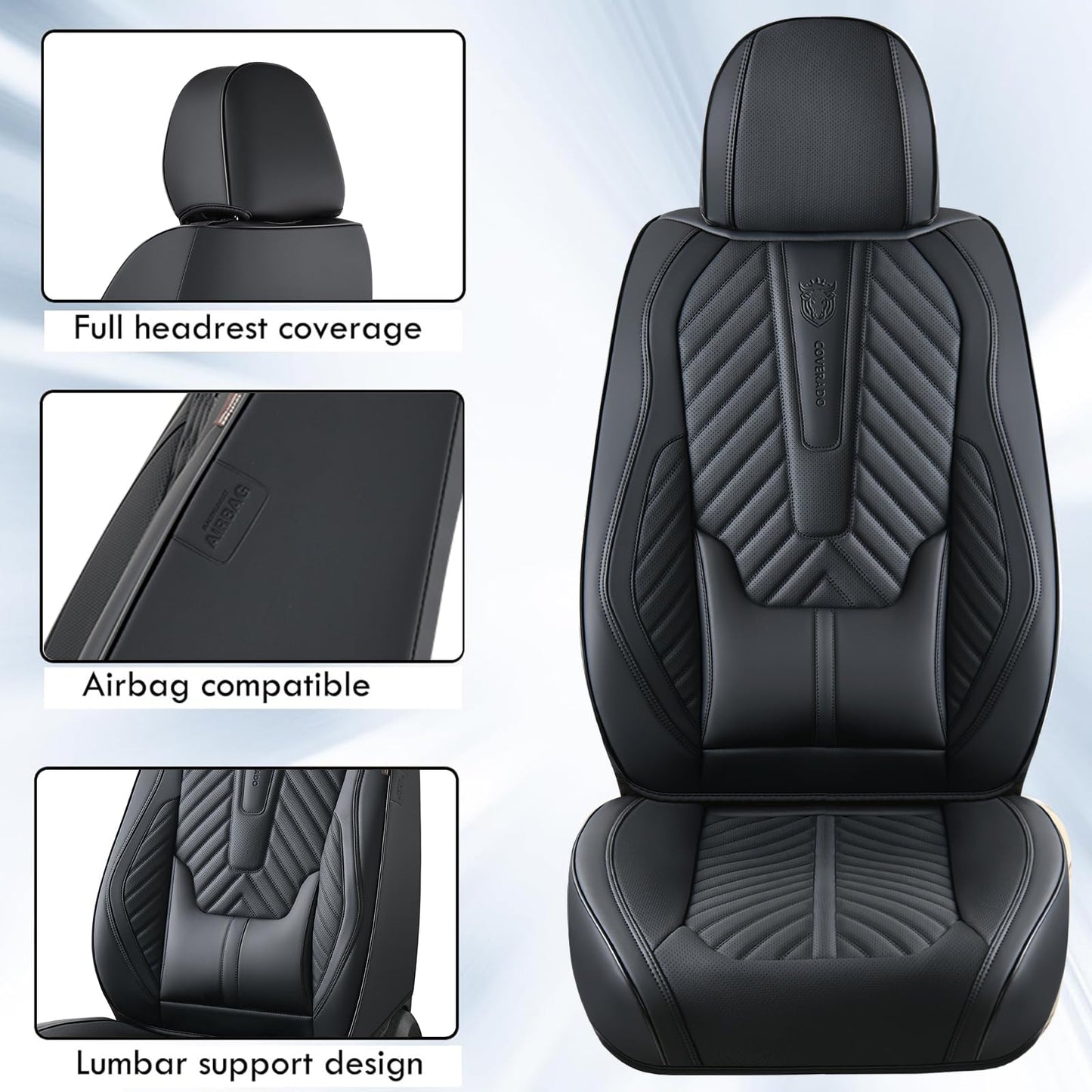 Coverado Seat Covers Full Set, Luxury Leather Car Seat Covers for Car with Lumbar Support, Automotive Seat Covers Waterproof Car Seat Protector Universal Fit for Most Cars SUV Truck(Black)