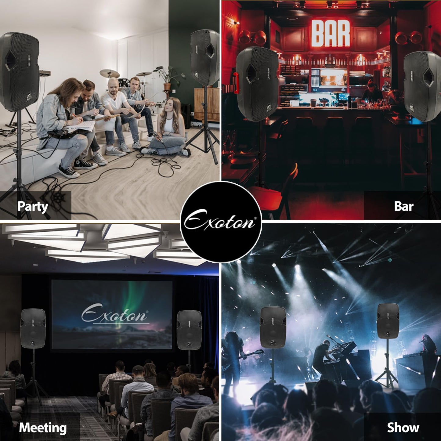 EXOTON EXOTON 10 inch Professional Dual Powered PA Speakers, 2-Way Active&Passive Loudspeakers, PA System Combo Set with Microphone/Tripods/Remote Control/Bluetooth/USB, Indoor&Outdoor