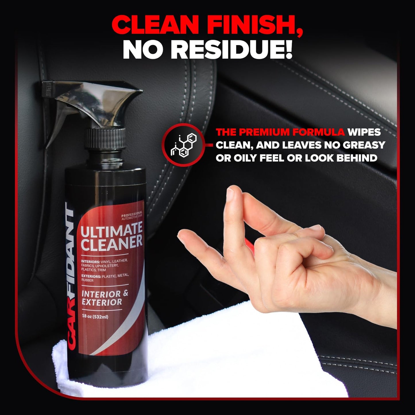 Carfidant Interior Car Cleaner - Removes Stains & Deep Cleans Car Seats, Leather, Fabric, Upholstery, Plastic, Dashboard & More - Car Cleaning Kit & Interior Detailer Spray - 18oz