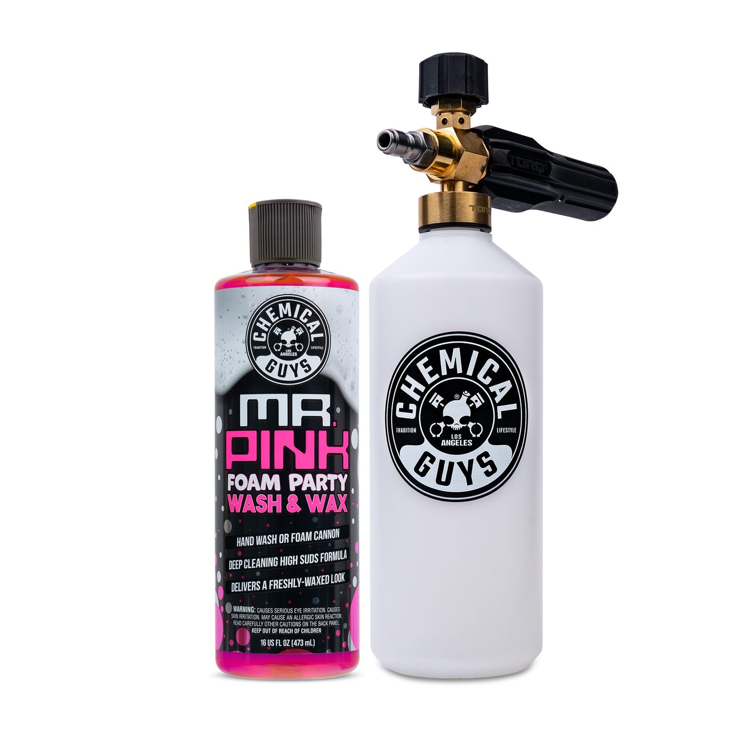 Chemical Guys EQP367 TORQ Professional Snow Foam Cannon Car Wash Snow Foamer + Mr. Pink Foam Party Wash & Wax 16 fl oz (Safe for Cars, Trucks, SUVs, RVs, & More) Works with Pressure Washer