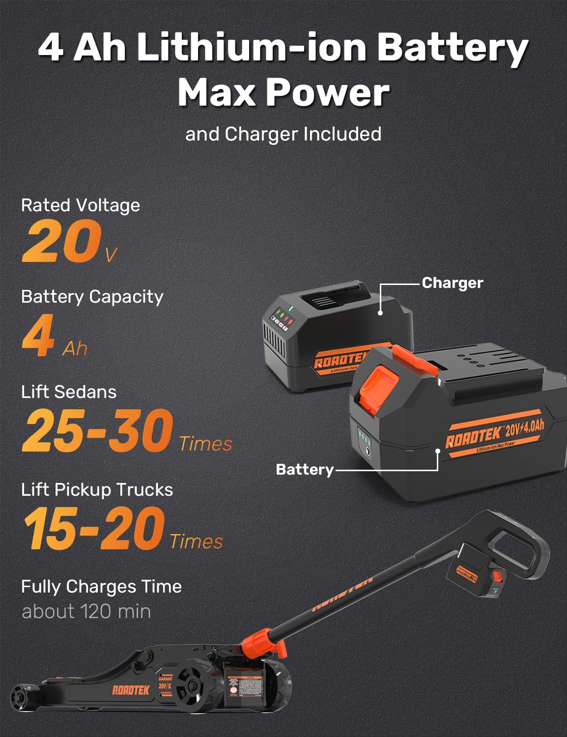 ROADTEK 3 Ton Electric Floor Jack, Low Profile Jack for Quickly Car Lift, Hydraulic Service Jack, 6000 lbs Capacity. Lifting Range 3-3/8" to 20"