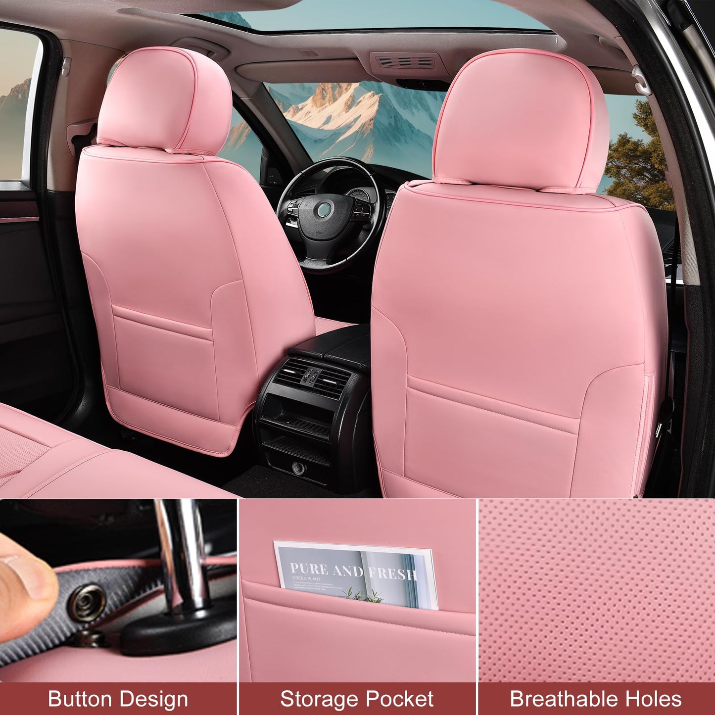 TIEHESYT Pink Car Seat Covers Full Set, Breathable Leather Automotive Front and Rear Seat Covers with Headrest, Waterproof Auto Seat Protectors Fit for Most Sedans SUV Pick-up Truck