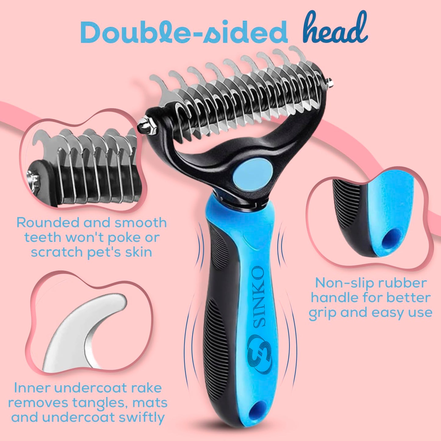 Sinko Undercoat Rake for Dogs & Cats, Dematting Comb with Extra Wide Double-Sided Stainless Teeth for Detangling, Deshedding, Brushing & Removing Shed Fur, Knots, Mats, and Tangles in Pets (Blue)