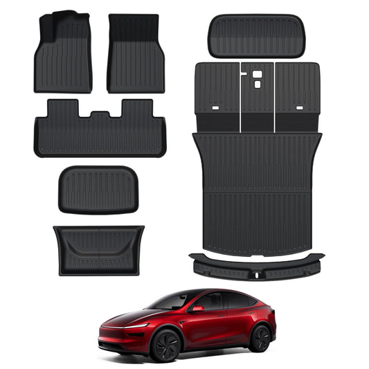 Foronetry Floor Mats for 2025 2026 Tesla Model Y Juniper, 8PCS All Weather Full Set Cargo Liners Accessories, 3D TPE Odorless Floor Mat Trunk Frunk Rear Well Mats Custom for 5-Seater(Not Fit 7Seat)