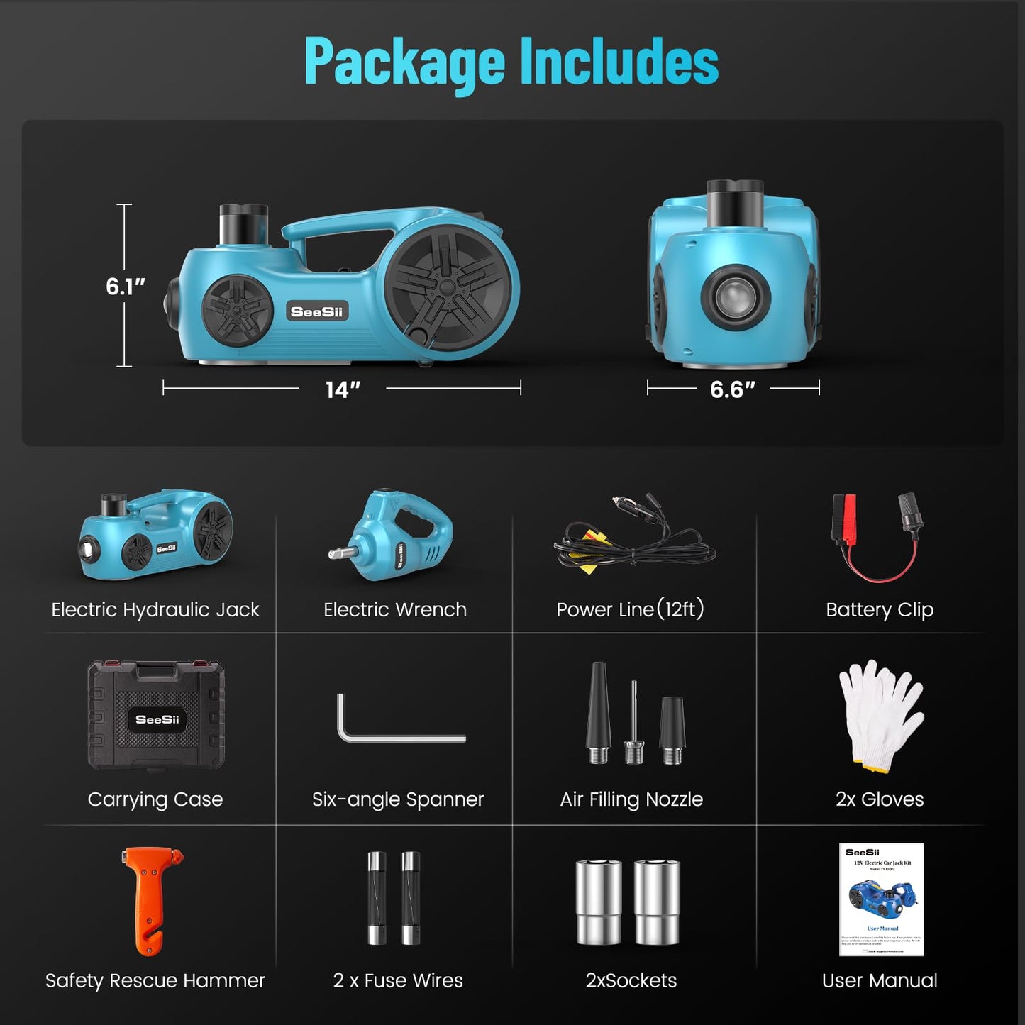 SEESII Electric Car Jack Kit 5 Ton 17.7 Inch Lift Range 3in1 car jack Hydraulic with Impact Wrench and Tire Inflator Floor Jack for SUV/Pickup/Truck/Sedan Roadside Emergency Tire Change Spare Tool Set