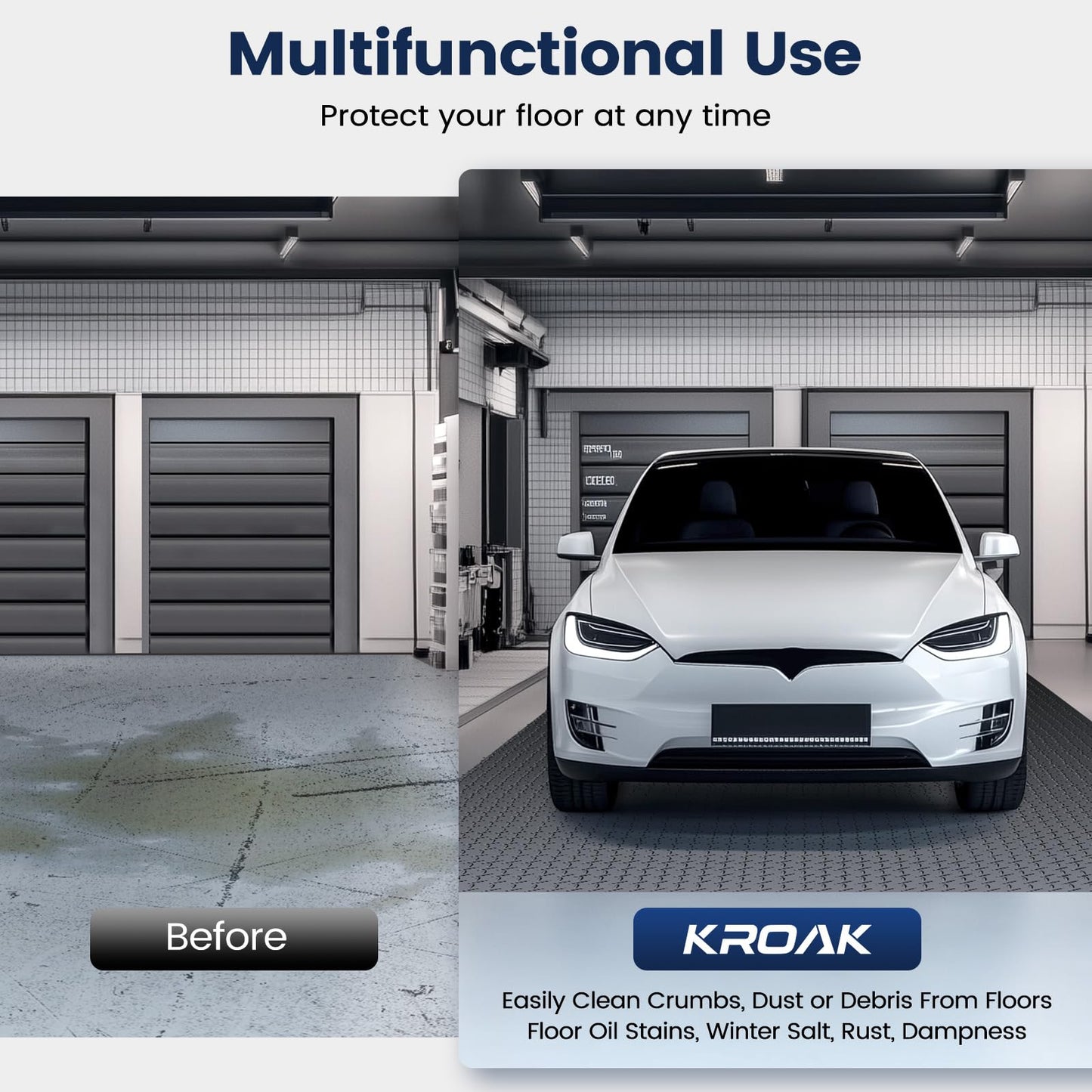 KROAK 7.5 x 17 FT Garage Floor Mat, Thickened PVC Parking Mat, Anti-slip Garage Floor Runner & Protector Mat Fits for SUVs, Compact SUV, Sports Car, Heavy Motorcycle, Golf Cart, 204"L x 90"W x 0.1"Th