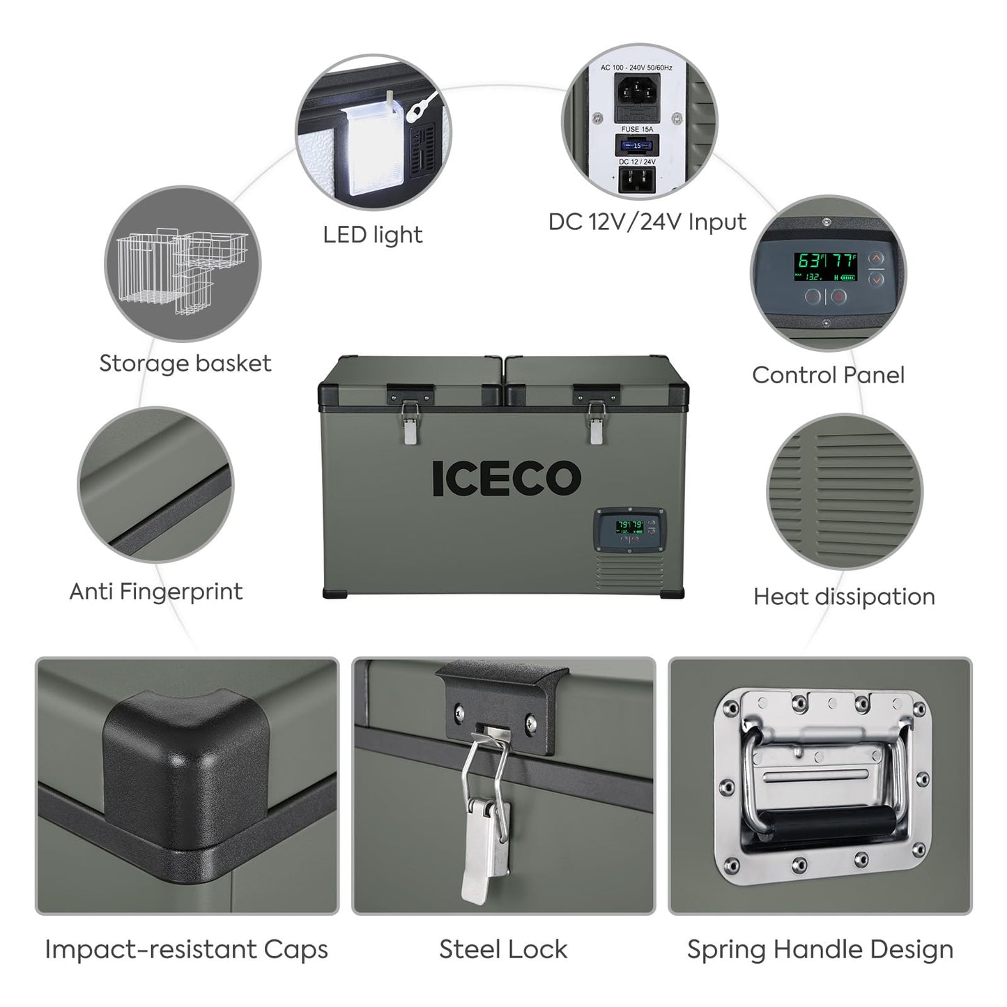 ICECO VL60 Dual Zone Portable Refrigerator with SECOP Compressor, 60 Liters Platinum Compact Refrigerator, DC 12/24V, AC 110-240V, 0℉ to 50℉, Home & Car Use (with Insulated Cover)