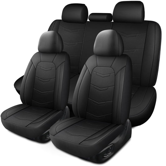 HChengkikz Car Seat Covers Full Set,Leather Car Seat Covers,Breathable and Sporty Car Seat Cover,Universal Fit Anti-Slip Seat Covers for SUV Cars Sedan and Truck(Full Seat,Black,N2)