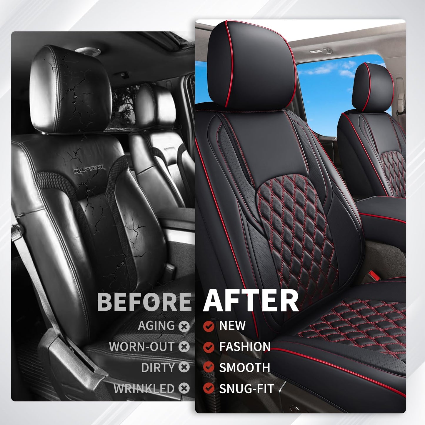 Huidasource Full Coverage F150 Seat Covers Cushion Protector Fit for 2015-2025 Ford F150 SuperCrew & 2017-2025 F250 F350 F450 Super Duty Crew Cab XL XLT Lariat King Ranch Platinum(Full Set/Black&Red)