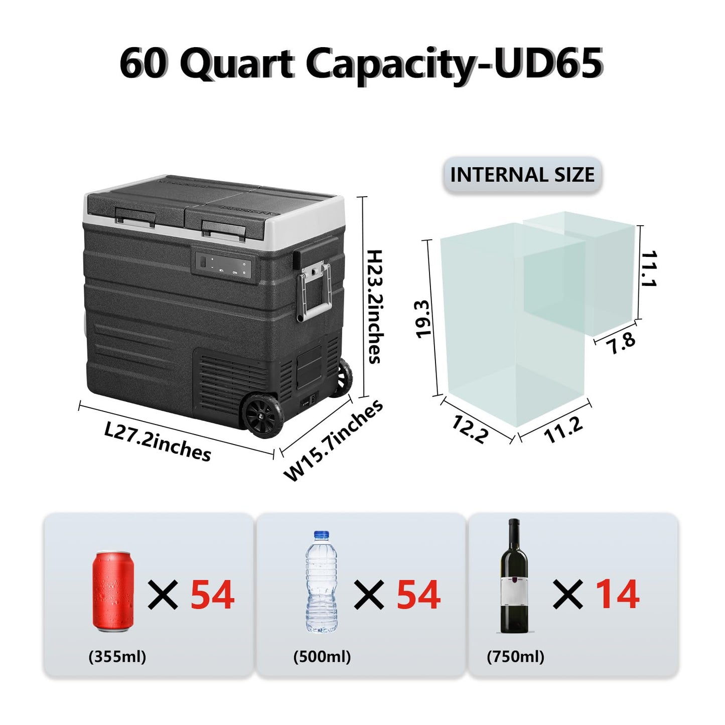 Alpicool UD65 Portable Wheeled Car Freezer with Dual Compartments,12 Volt Car Refrigerator, 60 Quart Fast Cooling Fridge, with 12/24V DC and 100-240V AC for Outdoor, Camping, RV, Truck