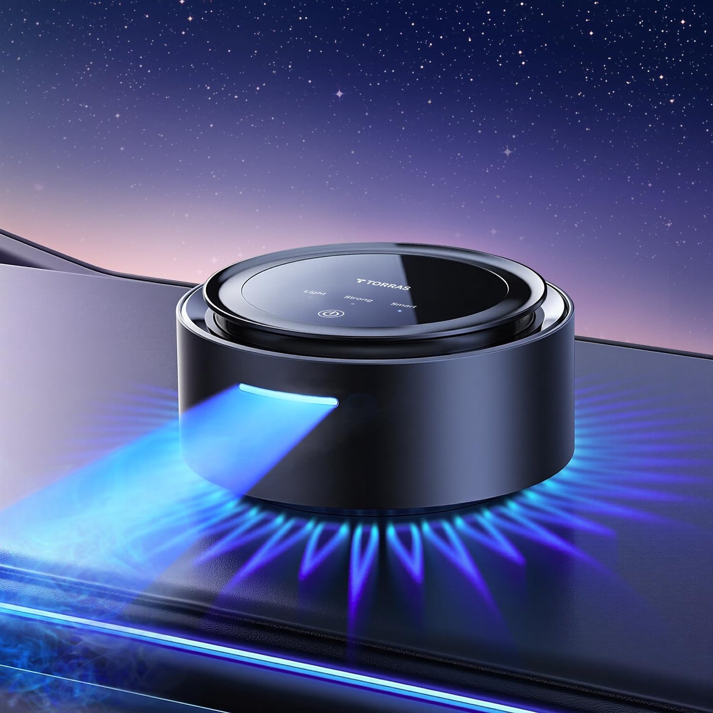 TORRAS Smart Car Air Freshener, Ultra-wide Ultrasonic Atomization Car Freshener, Blue Ambient Light, AUTO On/Off, Adjustable Mode, Natural fragrance, Sandalwood Cologne Scent