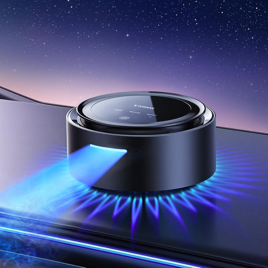 TORRAS Smart Car Air Freshener, Ultra-wide Ultrasonic Atomization Car Freshener, Blue Ambient Light, AUTO On/Off, Adjustable Mode, Natural fragrance, Sandalwood Cologne Scent