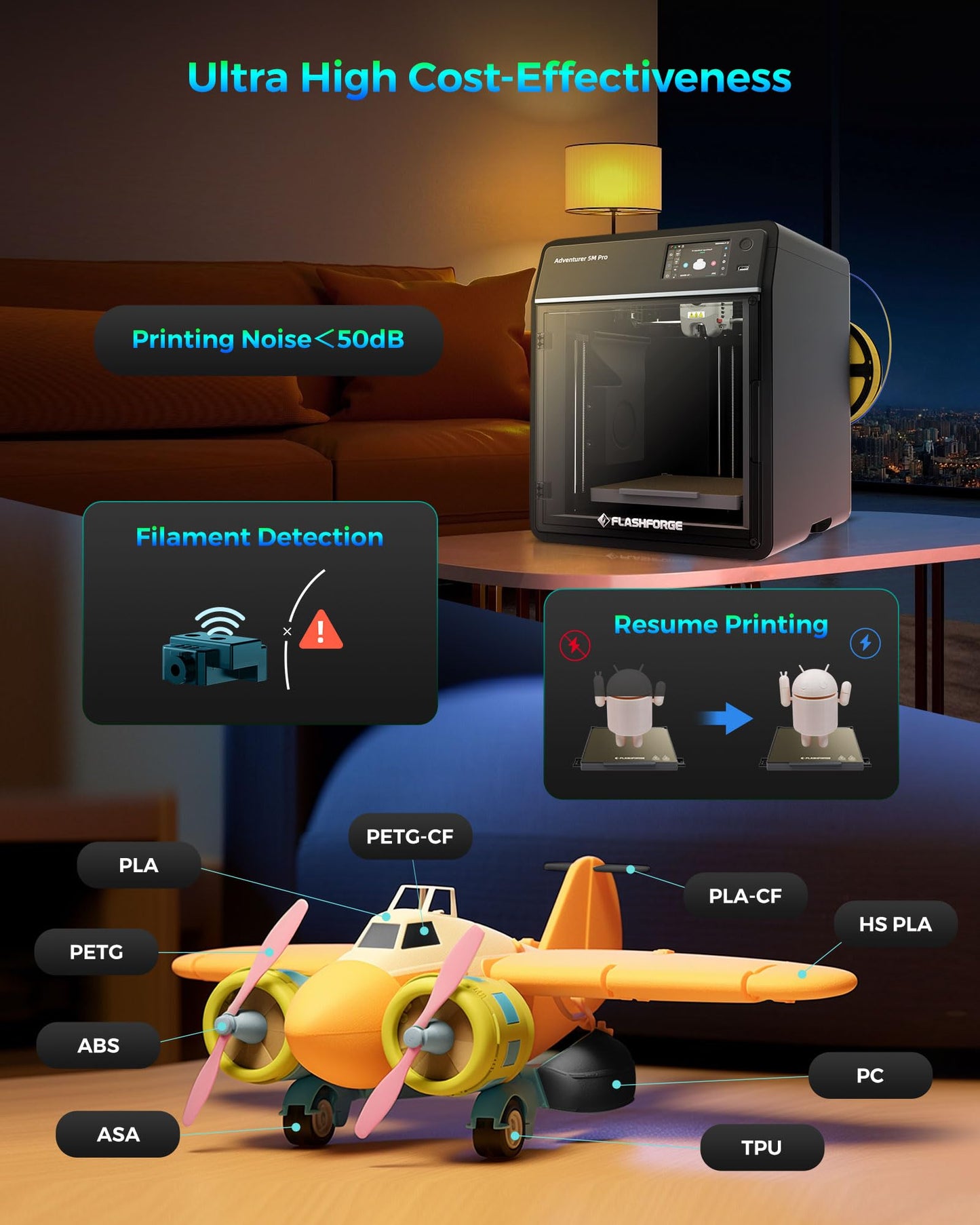 FLASHFORGE Adventurer 5M Pro 3D Printer, 600mm/s Max High-Speed 3D Printers with Auto Leveling, Dual Filtration System, Remote Monitoring, Quick Detachable Nozzle,Effective Cooling, Automatic Shutdown