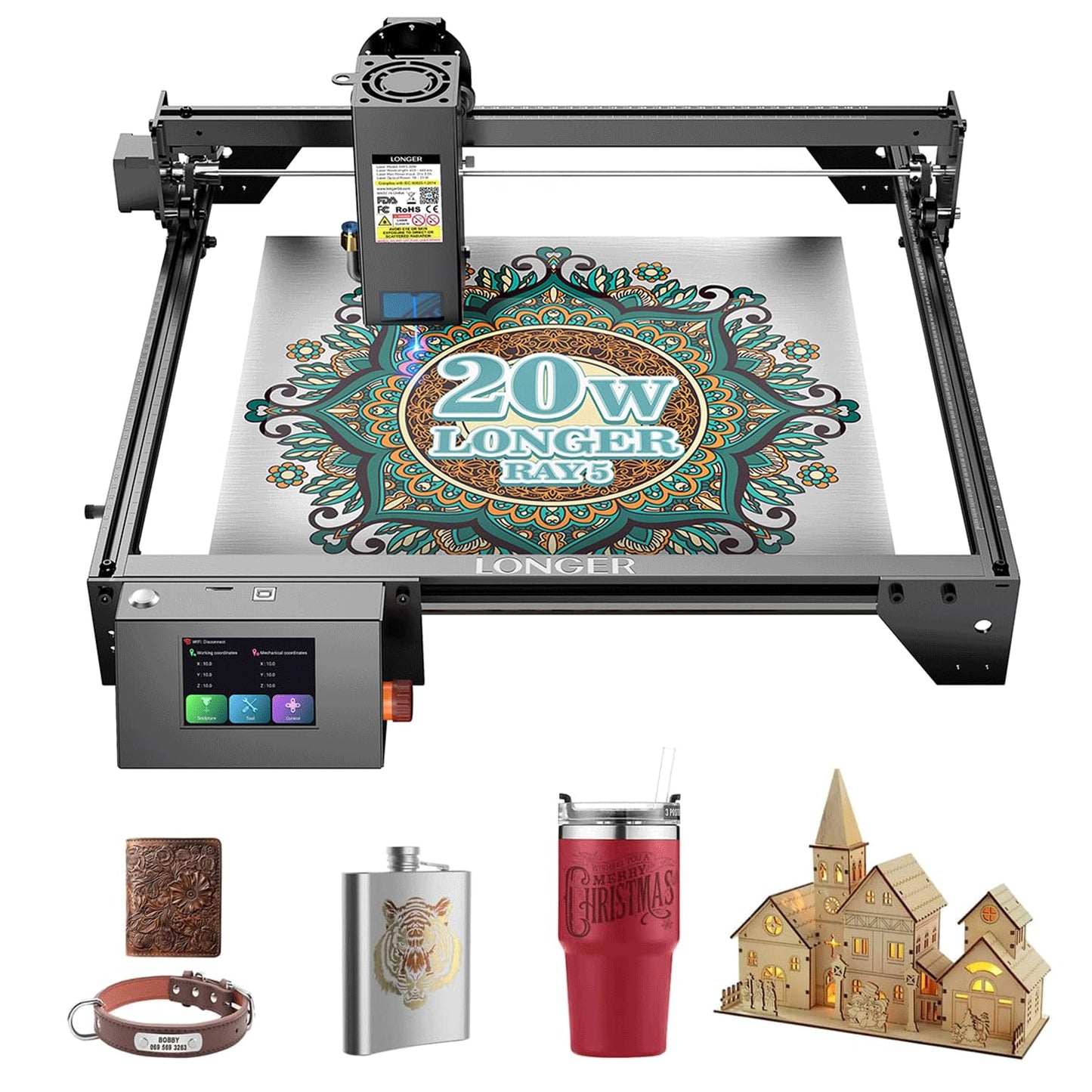 LONGER RAY5 20W Higher Accuracy Laser Engraver and Cutter, 130W Laser Engraving Cutting Machine can Cut 0.05mm Metal and Engrave Hundreds of Colors On Metal Steel 3.5"Touch Screen for DIY…