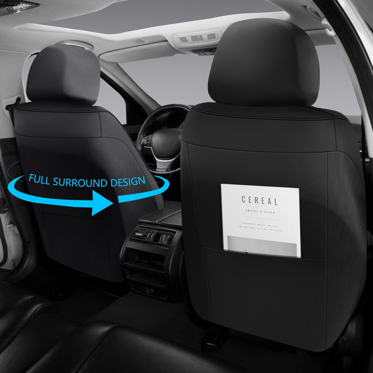 CHOCMONS Car Seat Covers Full Set,Universal Fit for Cars,SUVs,Trucks,and Sedans with 5 Seats,Faux Leather Car Seat Cushion Compatible with Airbags,Waterproof Car Seat Protector Black