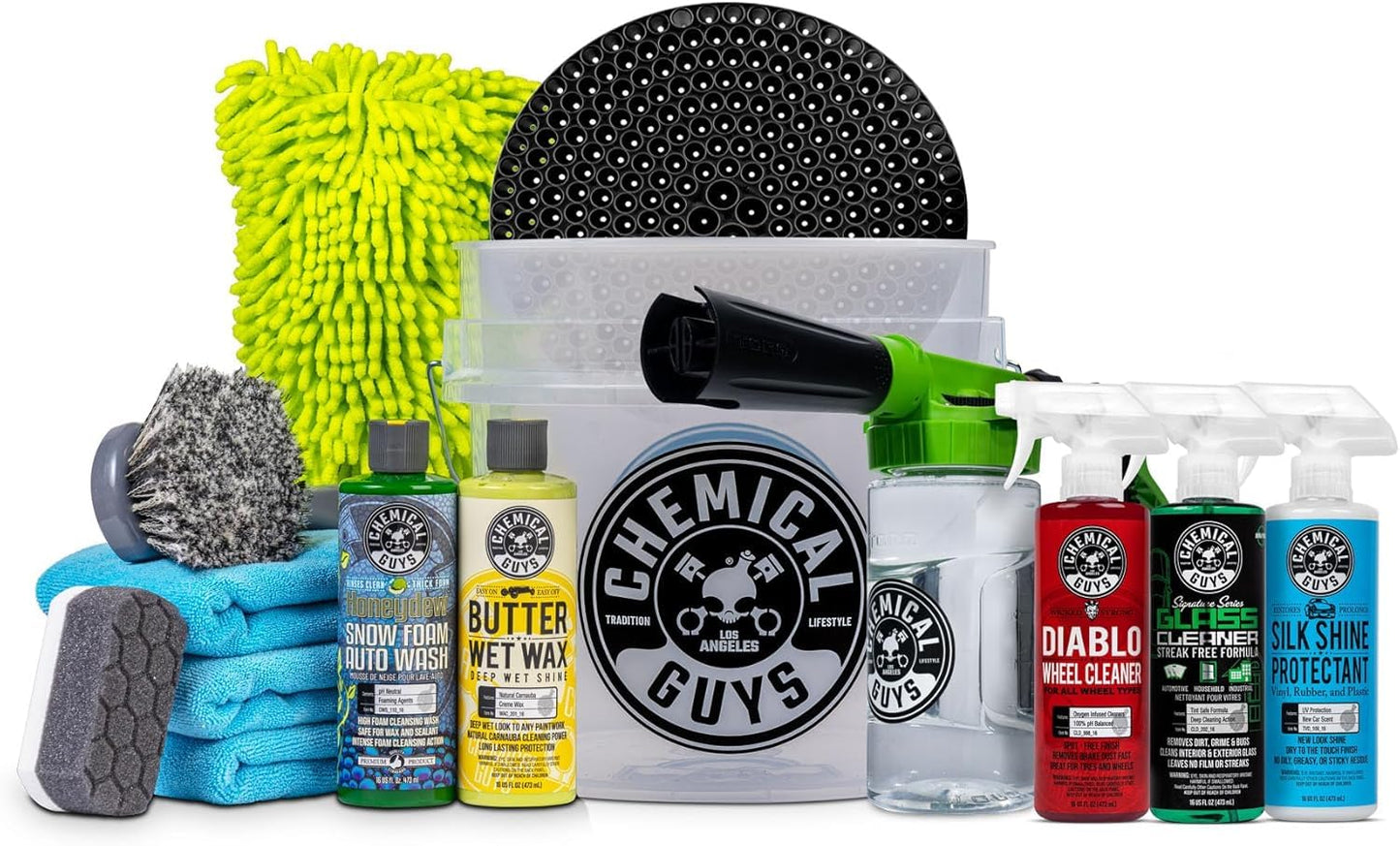 Chemical Guys HOL126 14-Piece Arsenal Builder Car Wash Kit with Foam Gun, Bucket, and (5) 16 oz Car Care Cleaning Chemicals, Gift for Car & Truck Lovers, Dads and DIYers (Works w/Garden Hose)
