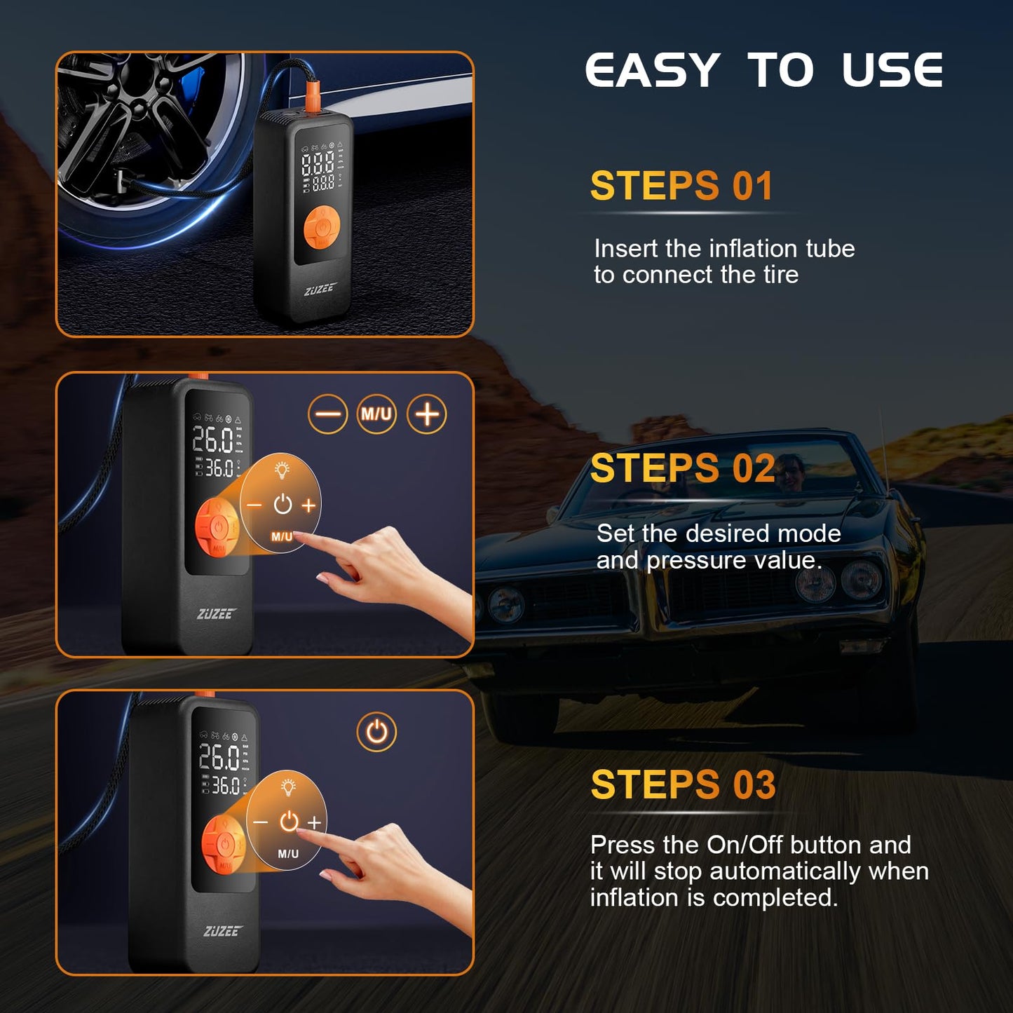 Tire Inflator Portable Air Compressor, 4X Faster & High-Capacity Battery, Portable Tire Inflator with Digital Pressure Gauge, LED Light, 150PSI Air Pump for Car Tires, SUV, Motorcycle, Bike, Ball, etc