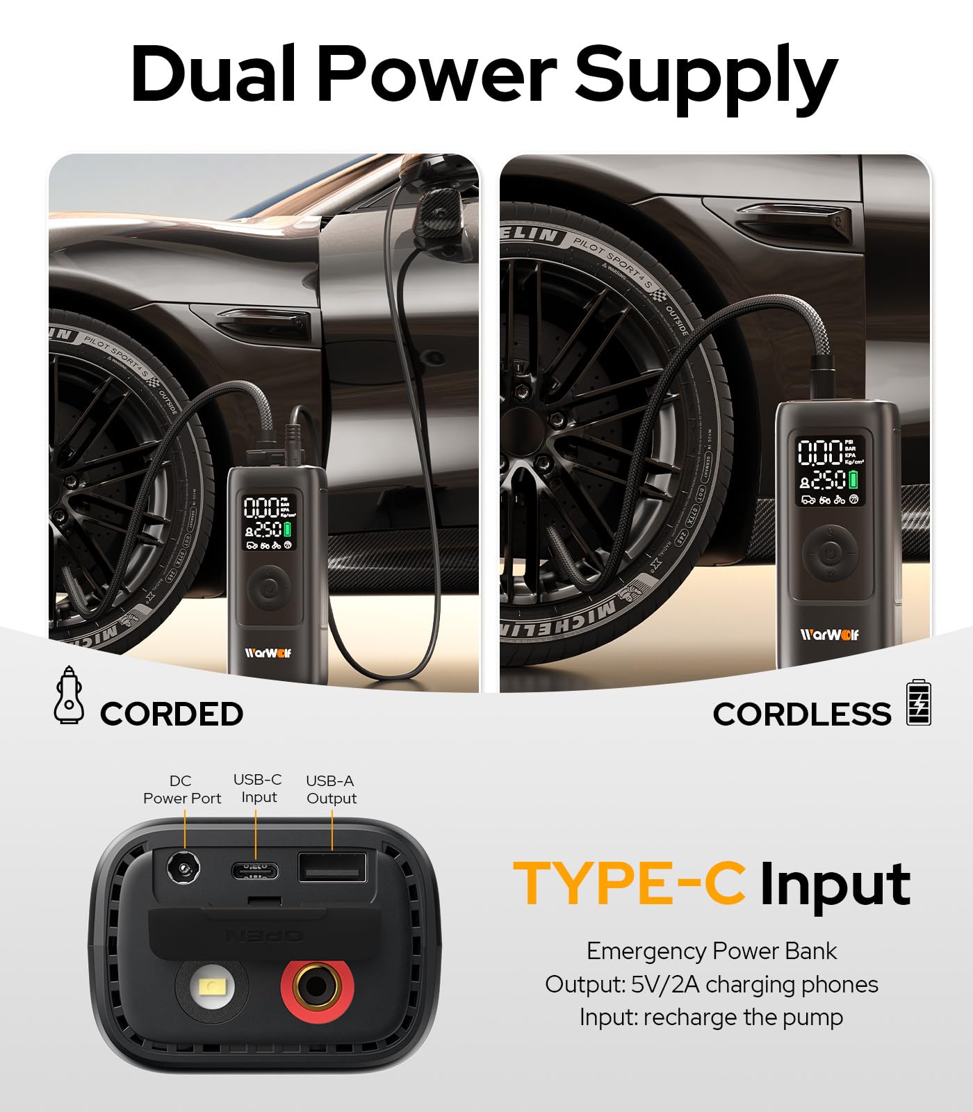 WARWOLF 160PSI Tire Inflator Portable Air Compressor - Fast Air Pump for Car Tires: SUV, Light Truck, Motorcycle, Bike, with Auto Shut-Off, Digital Gauge, 12V Car Adapter, LED Light