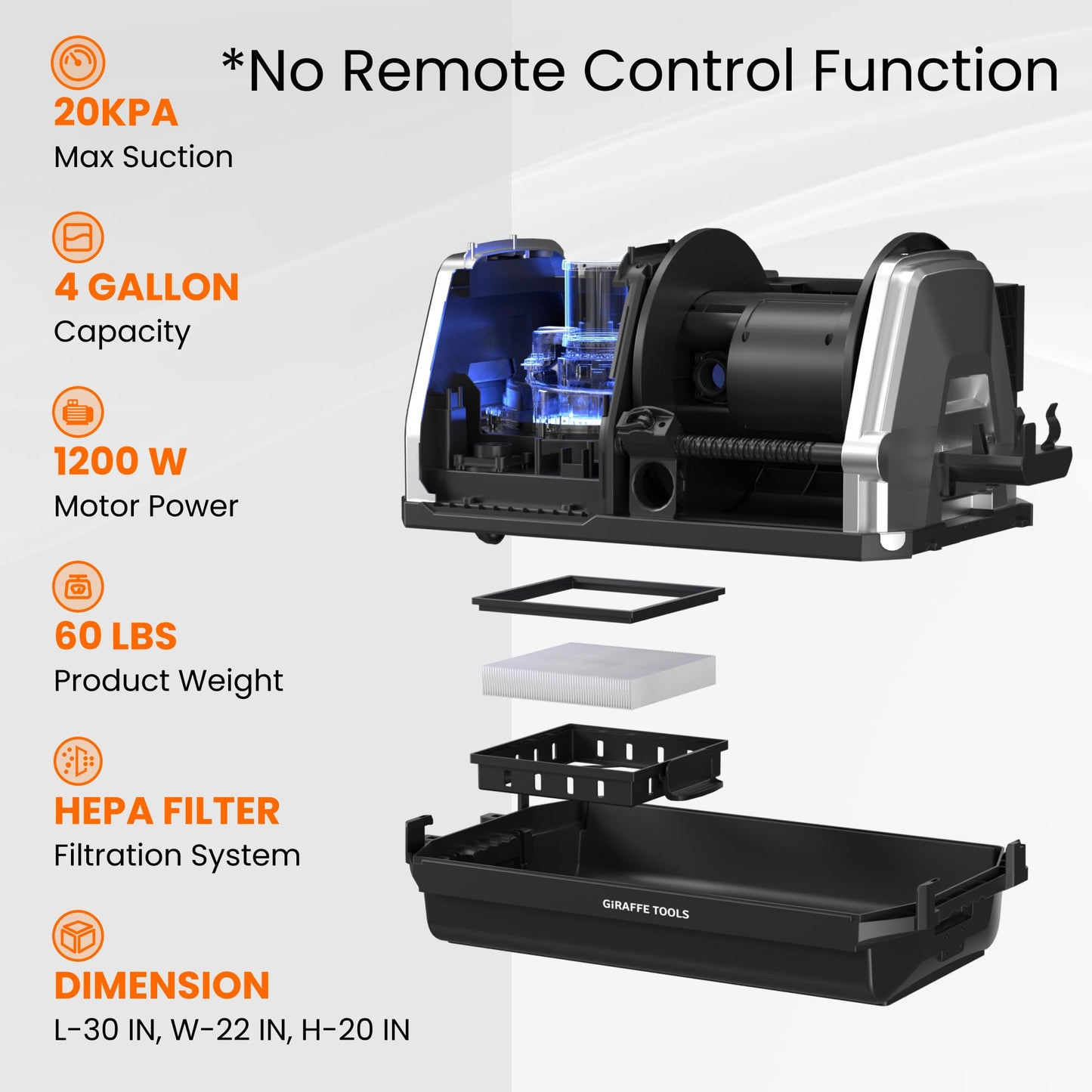 Giraffe Tools Grandstorm Wet Dry Vacuum Cleaner with 6 Nozzles, 30 FT Retractable Hose Wall Mounted Vacuum Cleaner for Car Detailing, Grey（No Remote Control Funtion）