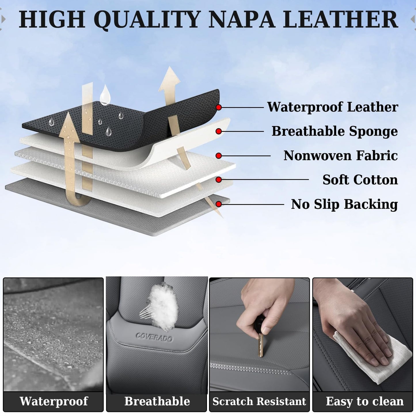 Coverado Seat Covers, Car Seat Covers Front Seats, Car Seat Cover, Car Seat Protector Waterproof, Car Seat Cushion Nappa Leather, Gray Seat Covers Carseat Cover Universal Fit for Most Cars