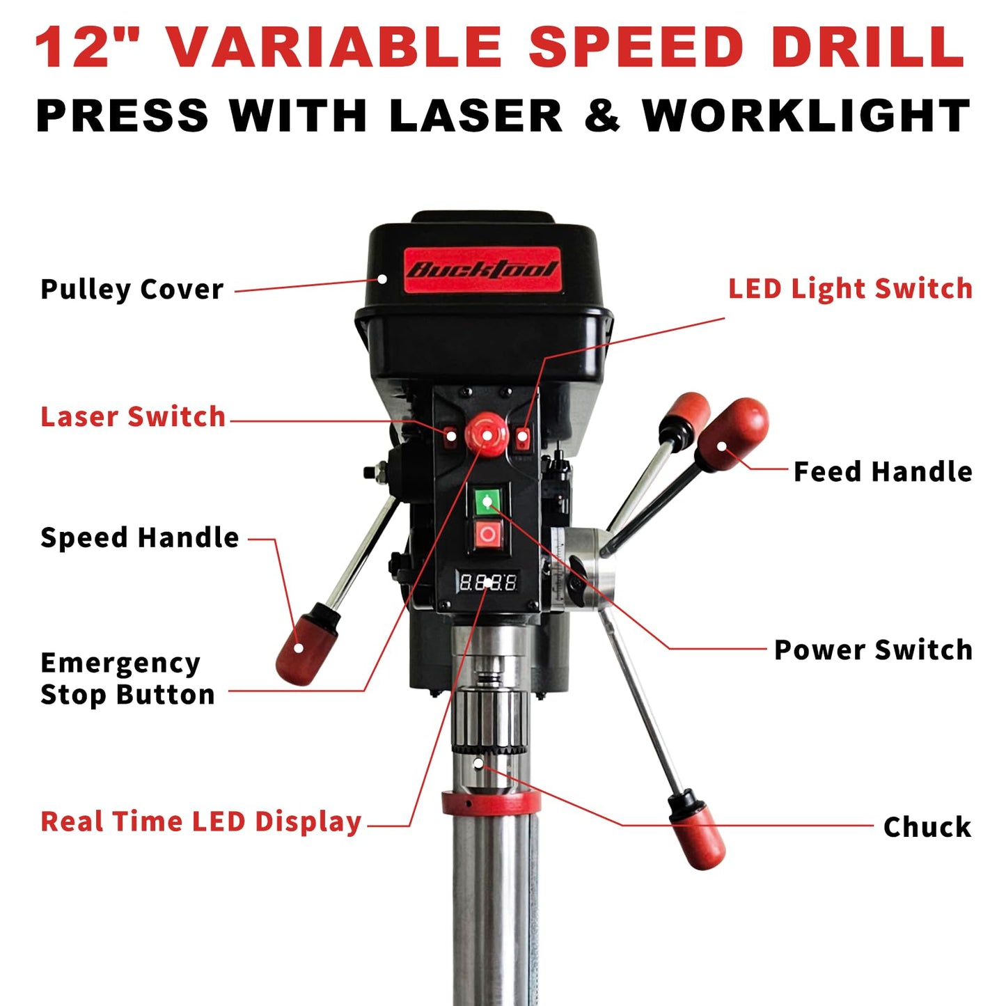 BUCKTOOL 12'' 6 Pole Motor Variable Speed Benchtop Drill Press 360–2000RPM, 3/4HP Powerful Bench Drill Press with Laser and Worklight, Low Speed Tabletop Drilling Machine for Metalworking, Woodworking