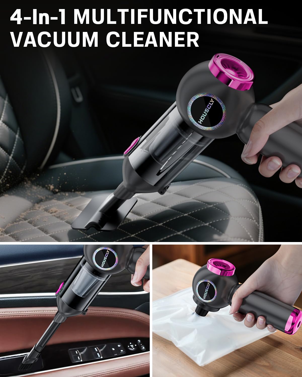 Handheld Car Vacuum Portable Cordless 25000Pa High Power Small Mini Hand Vacuum Cleaner Rechargeable 4-in-1 Compressed Air Duster Blower Pump Wireless Handheld Vac for Car Office Desktop Home Cleaning