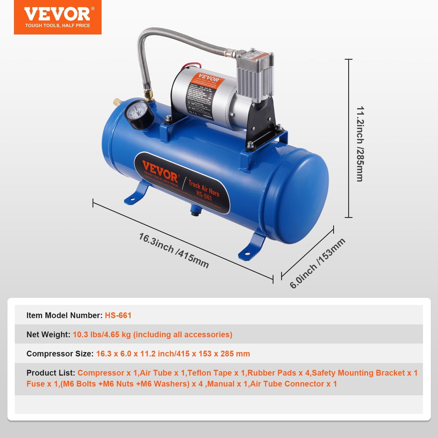 VEVOR 12V Air Compressor with 1.6 Gallon Tank, Train Horn Compressor, 120 psi Working Pressure, Inflating Tires, Air Mattresses