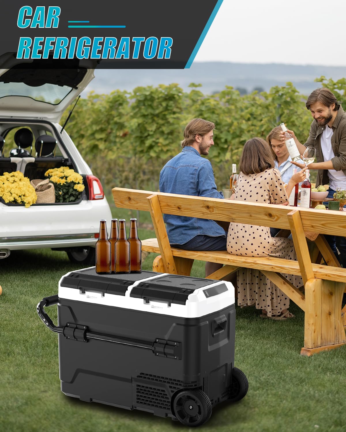 Electric Cooler with Battery 12V 52 Quart(50L) Car Refrigerator Dual Zone Dual Door Freezer Fridge with Wheels 12/24V DC & 100-240V AC Portable Fridge for Camping Truck Boat RV Camper SUV Travel