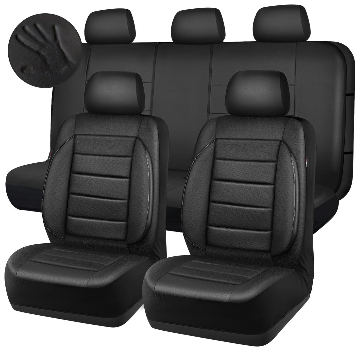 CAR PASS Leather Seat Covers Full Set Universal Water Resistant 3D Foam Back Support, Luxury Comfort Automotive 5 Seat Covers All Season Fit for SUV,Sedan,Van, Airbag Compatible Elegance(Pure Black)