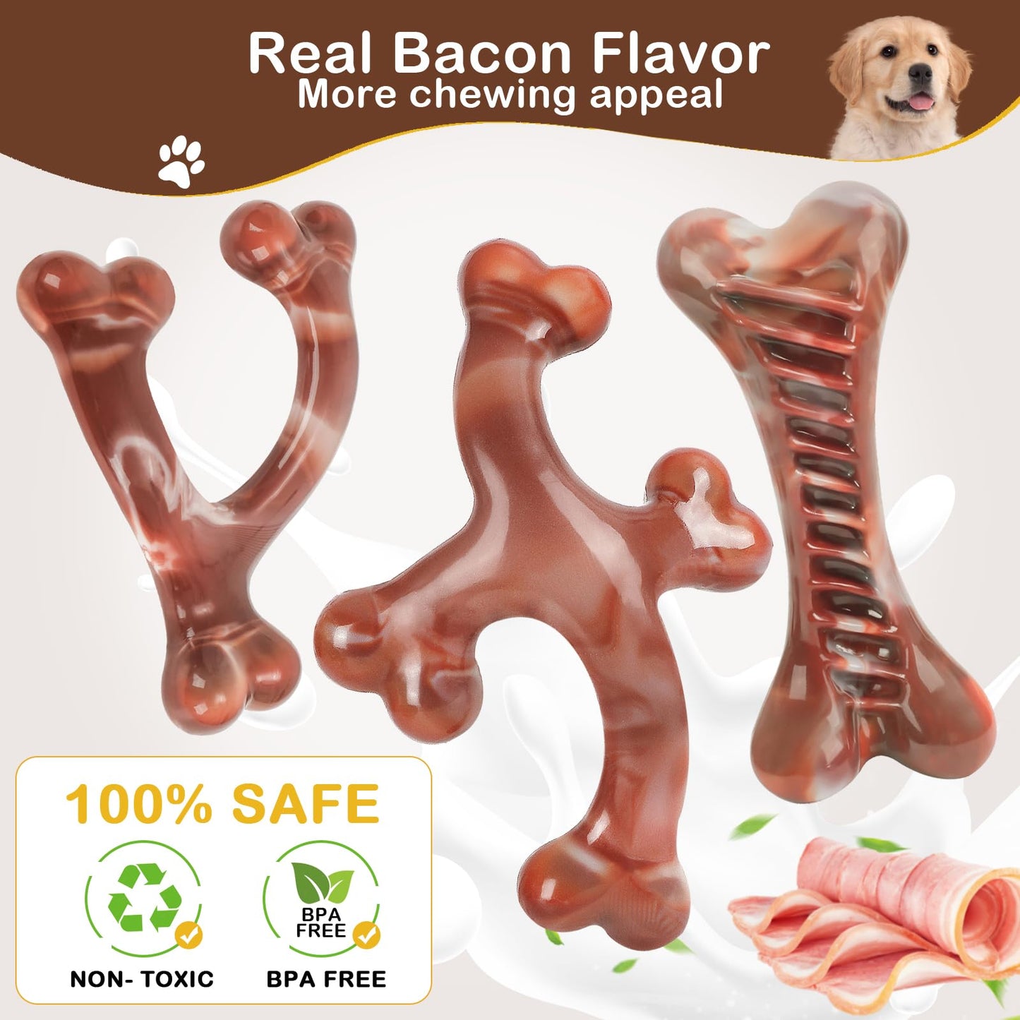 NOUGAT Indestructible Dog Toys - 3 Pack Tough Nylon Bacon Flavor Chew Toys for Large, Medium & Small Breeds