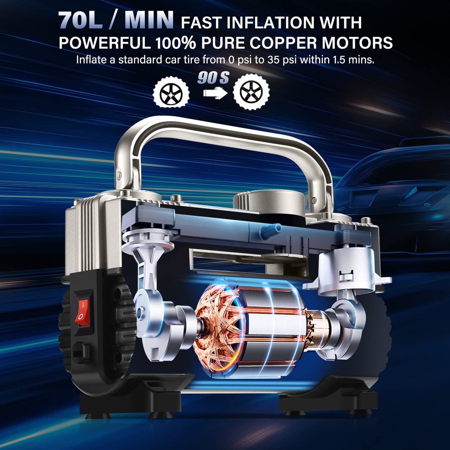 GSPSCN Silver Tire Inflator Heavy Duty Double Cylinders with Portable Bag- Car Accessories，Metal 12V Air Compressor Pump 150PSI with Adapter for Car, Truck, SUV Tires, Dinghy, Air Bed etc