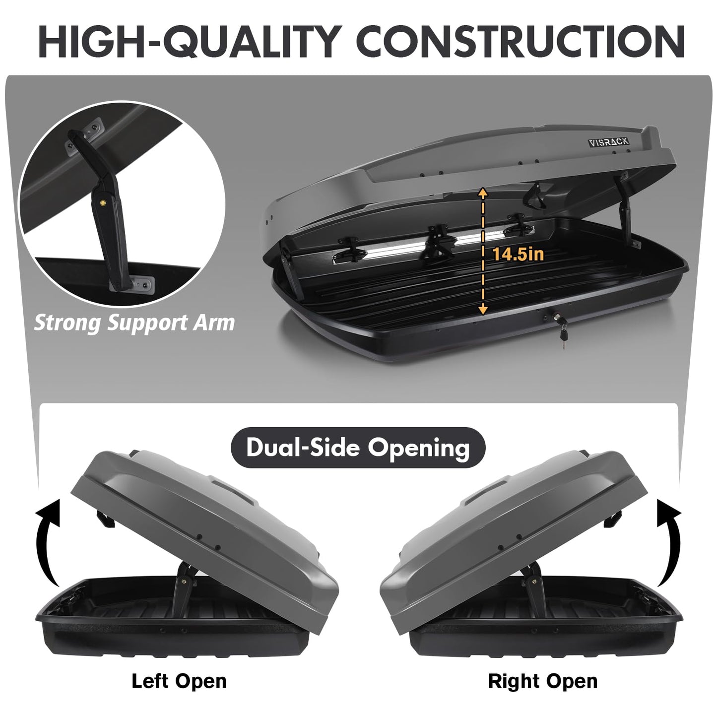 Rooftop Cargo Carrier Box, Large Hard Shell Roof with Security Keys, Waterproof Rooftop Cargo Box, 58.3(L) x35.4(W) x13(H) Inches,15.5 Cubic Feet, Gray(Tool-Free Install) (15.5 Cubic Feet-Gray)